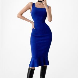 Vintage Y2K Blue Sleeveless Ruffle Knee Length Bodycon Cocktail Dress Size M